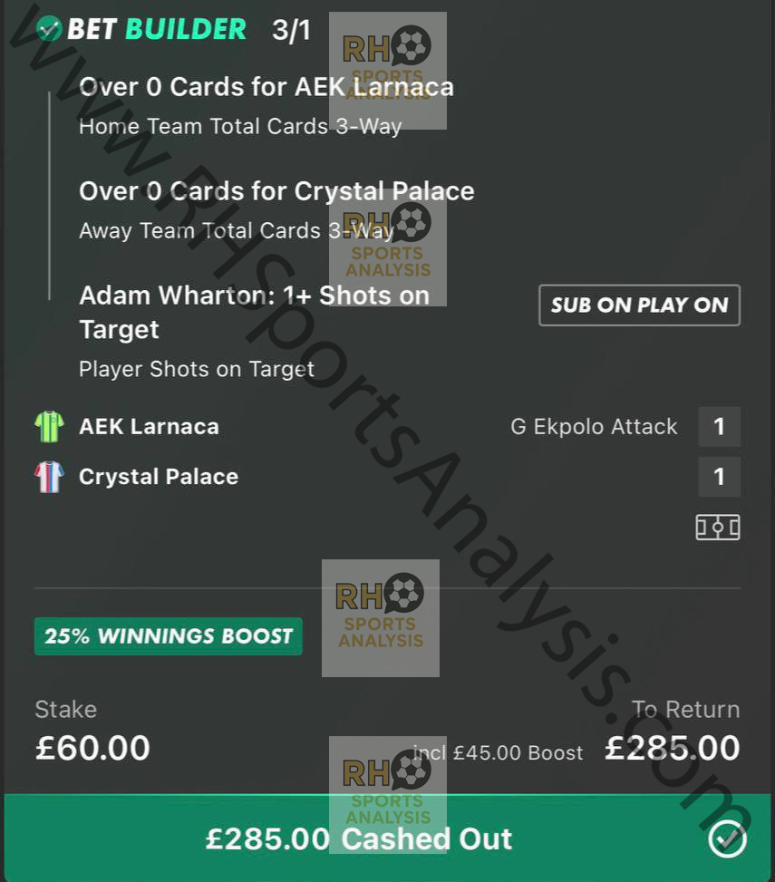 Crystal Palace bet builder betslip at 3/1 AEK Larnaca vs Crystal Palace Conference League